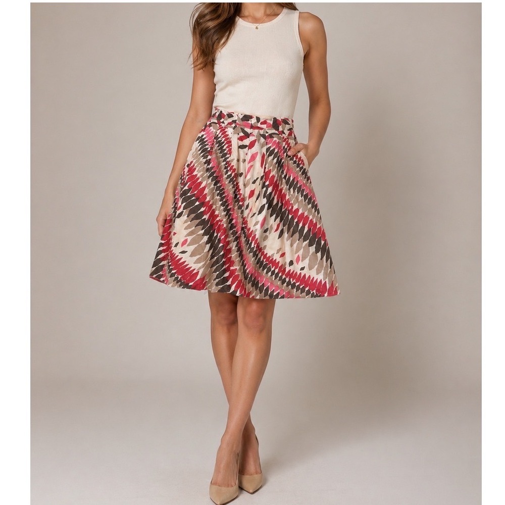 Nic + Zoe Silk Blend Pleated Geometric Diamond Print Midi Skirt Pink Red Brown 8